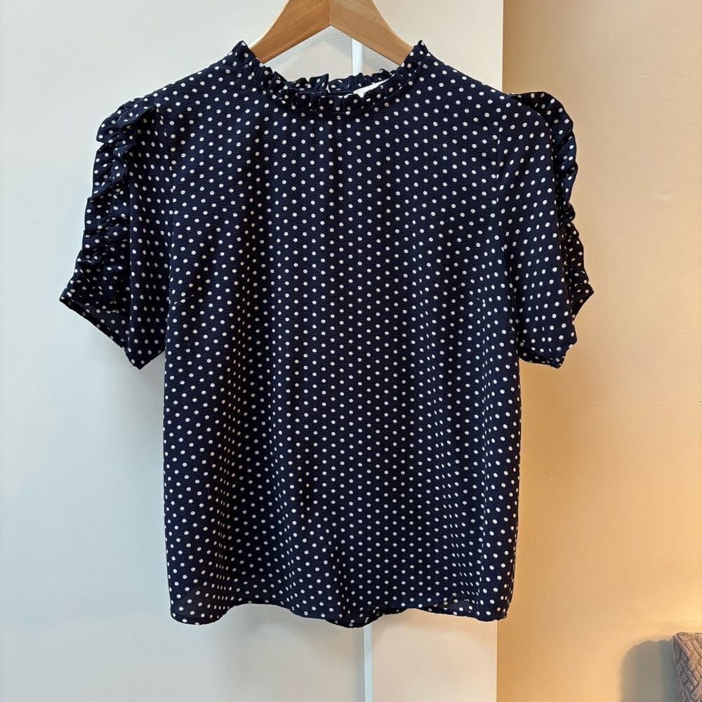 Monteau navy white polka dot crepe blouse ruffle sleeve women’s size L
